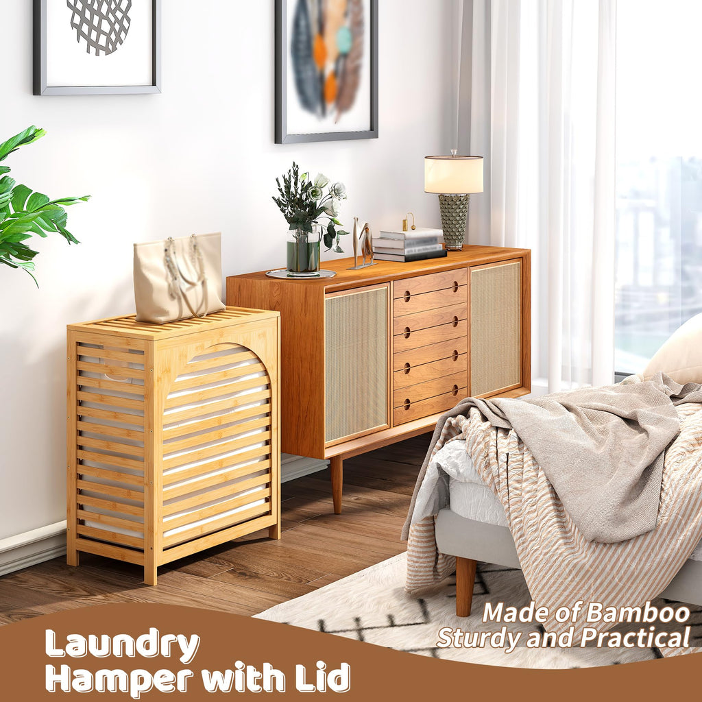 Laundry Hamper with Lid, Bamboo with Handles and Removable Liner Bag, 125L Laundry Basket & Laundry Room (Natural)