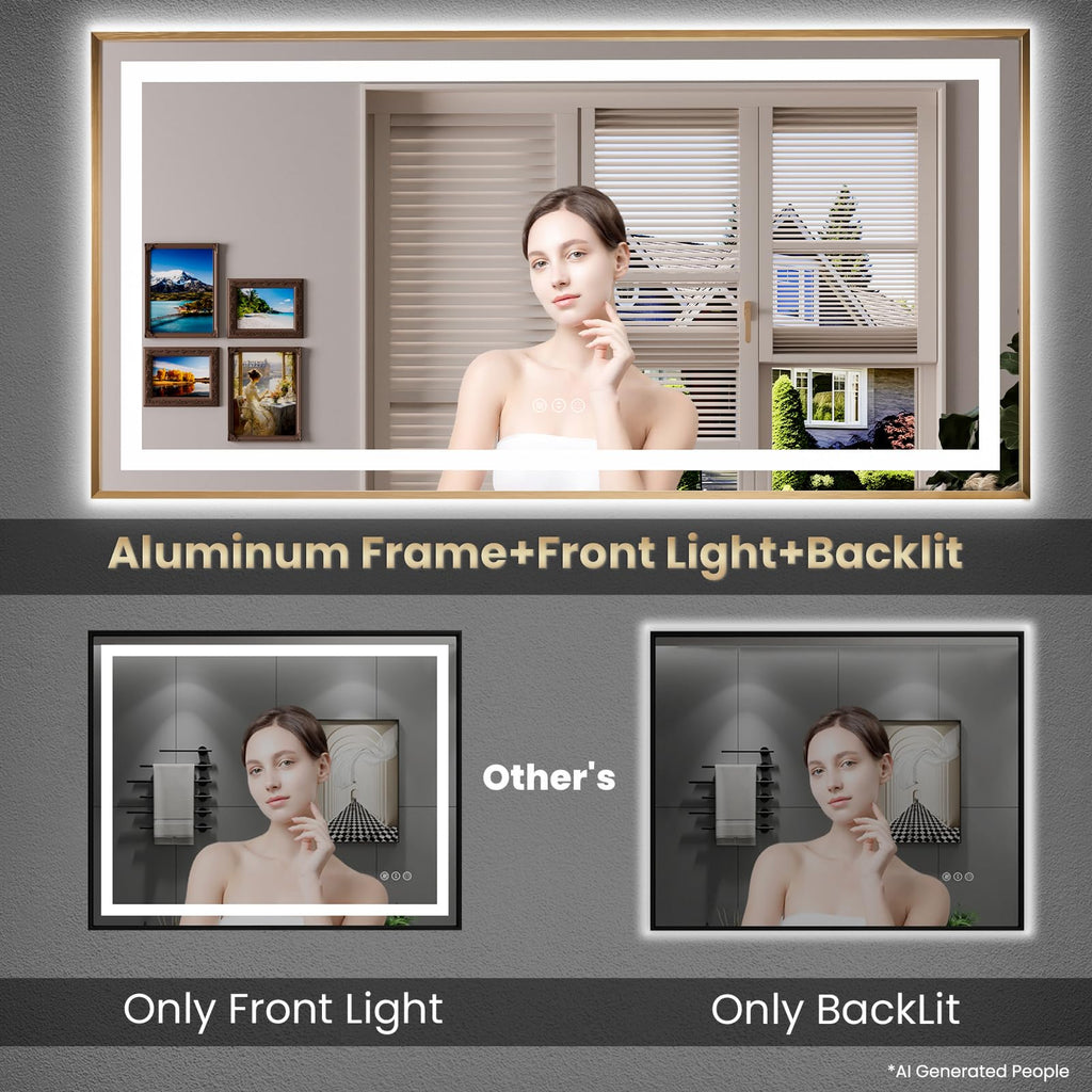 36"X30" LED Bathroom Mirror with Front Lit and Backlit(Brushed Gold)