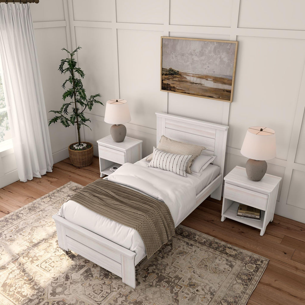 Modern Farmhouse Single Bed, Panel Headboard, White Wash