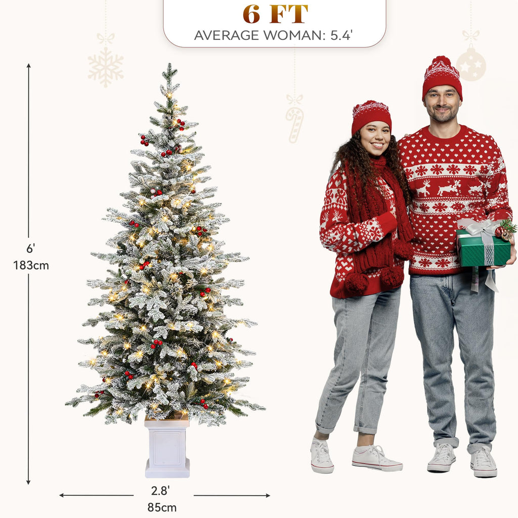 6FT Prelit Potted Flocked Pencil Christmas Tree w/Red Berries