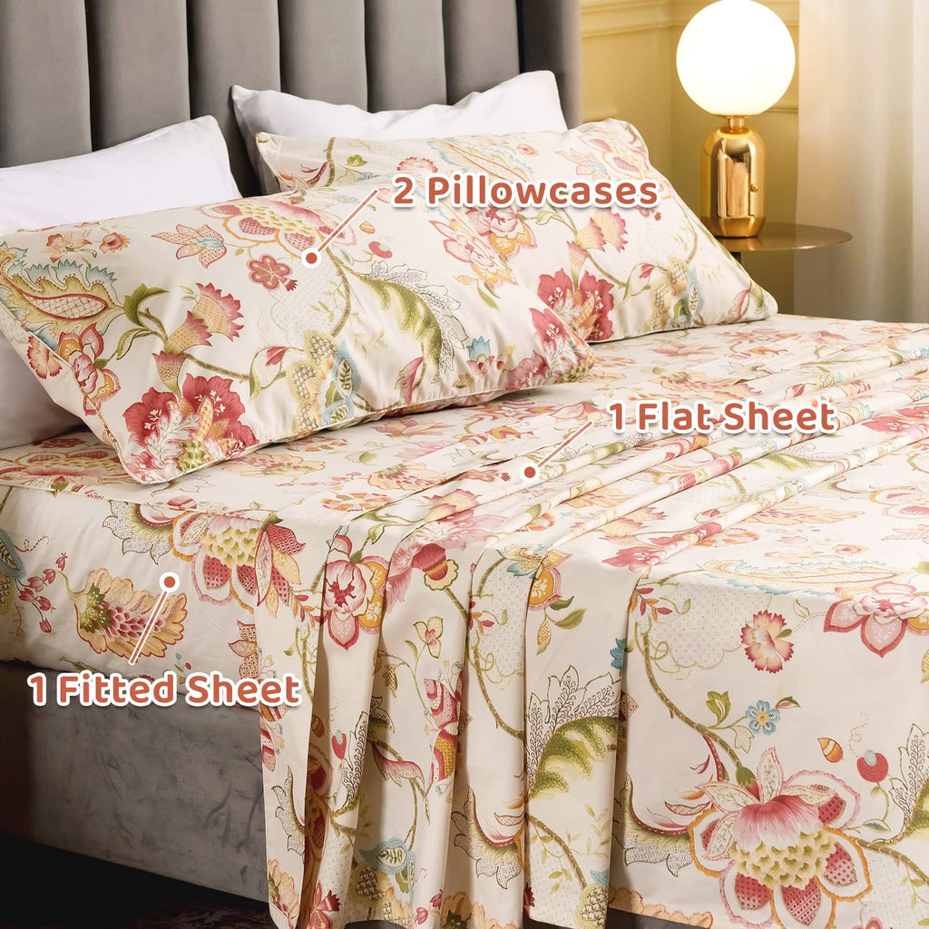 Floral Bed Sheets Set - Boho Lotus Print Bed Sheet Set - Extra Soft and Breathable 100% Egyptian Cotton