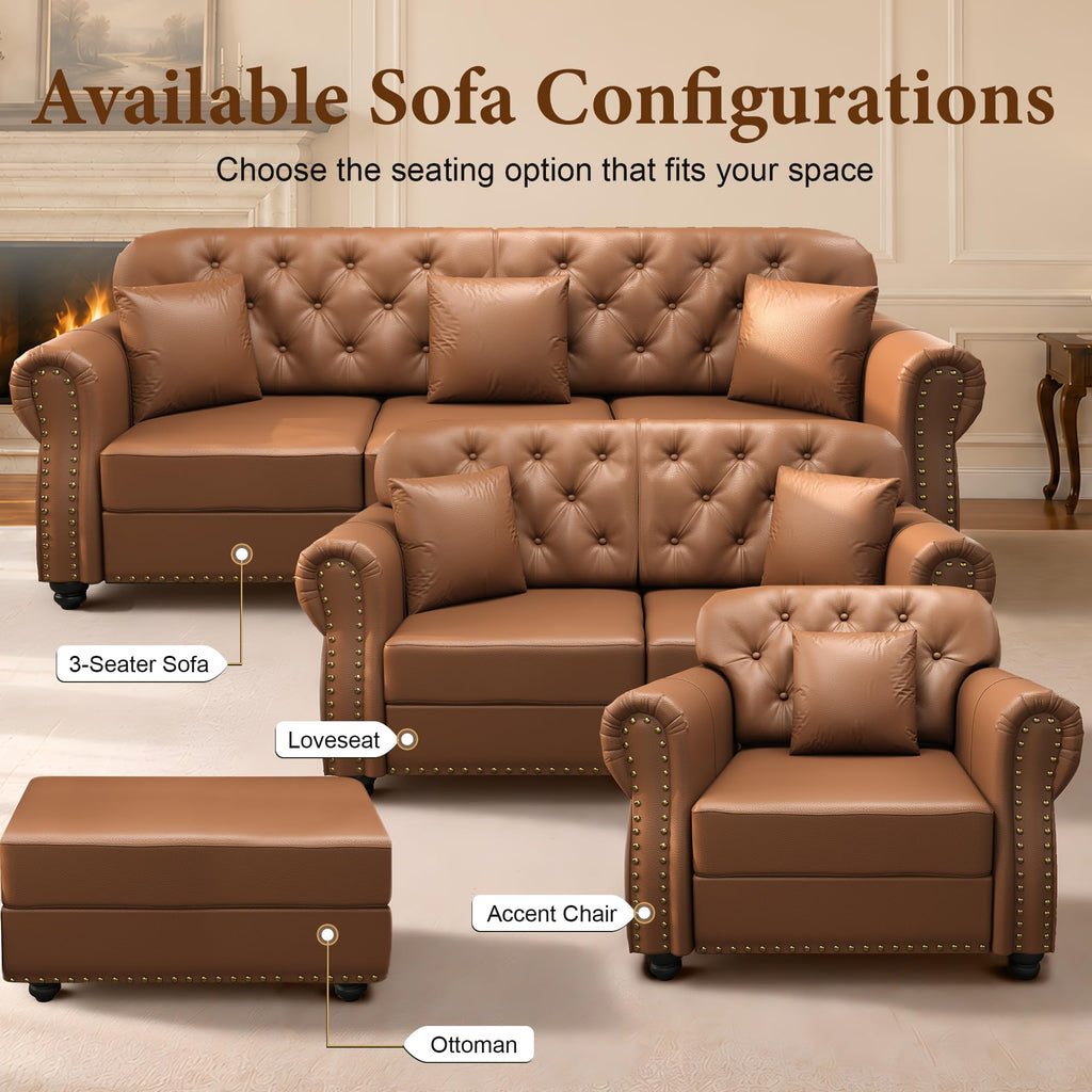 41.3'' Faux Leather Chesterfield Sofa & Ottoman Set, Brown