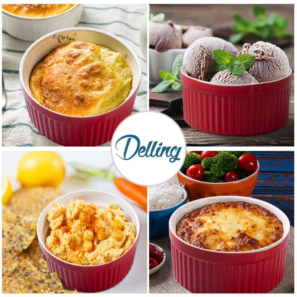 12 oz Set of 6 - Porcelain Creme Brulee Oven Safe Souffle Dishes, Ceramic Custard Cups for Baking, French Onion Soup