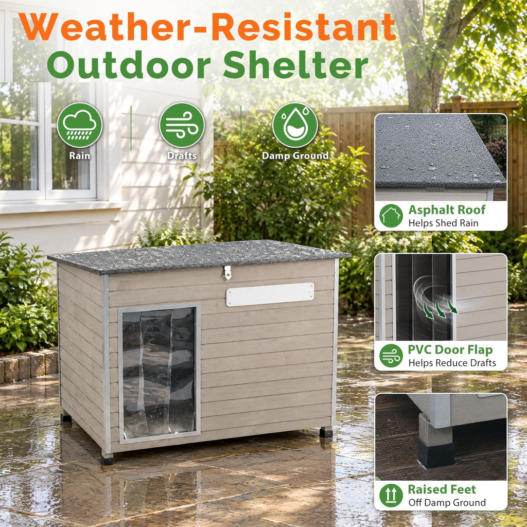 Large Dog House, 43.7-Inch Wooden Outdoor Shelter, Metal Frame