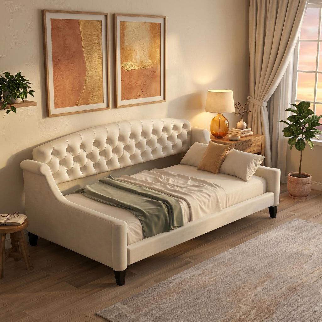 Twin Daybed, Twin Size Luxury Tufted Button Daybed, Upholstered Twin Daybed Frame, Sofa Bed Living Room, Beige