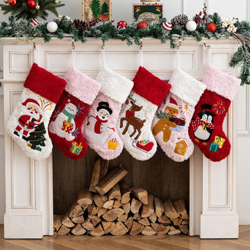 Christmas Stockings 6 Pack,Plush Faux Fur Xmas Stockings with Embroidery Patterns,Fireplace Hanging Stockings