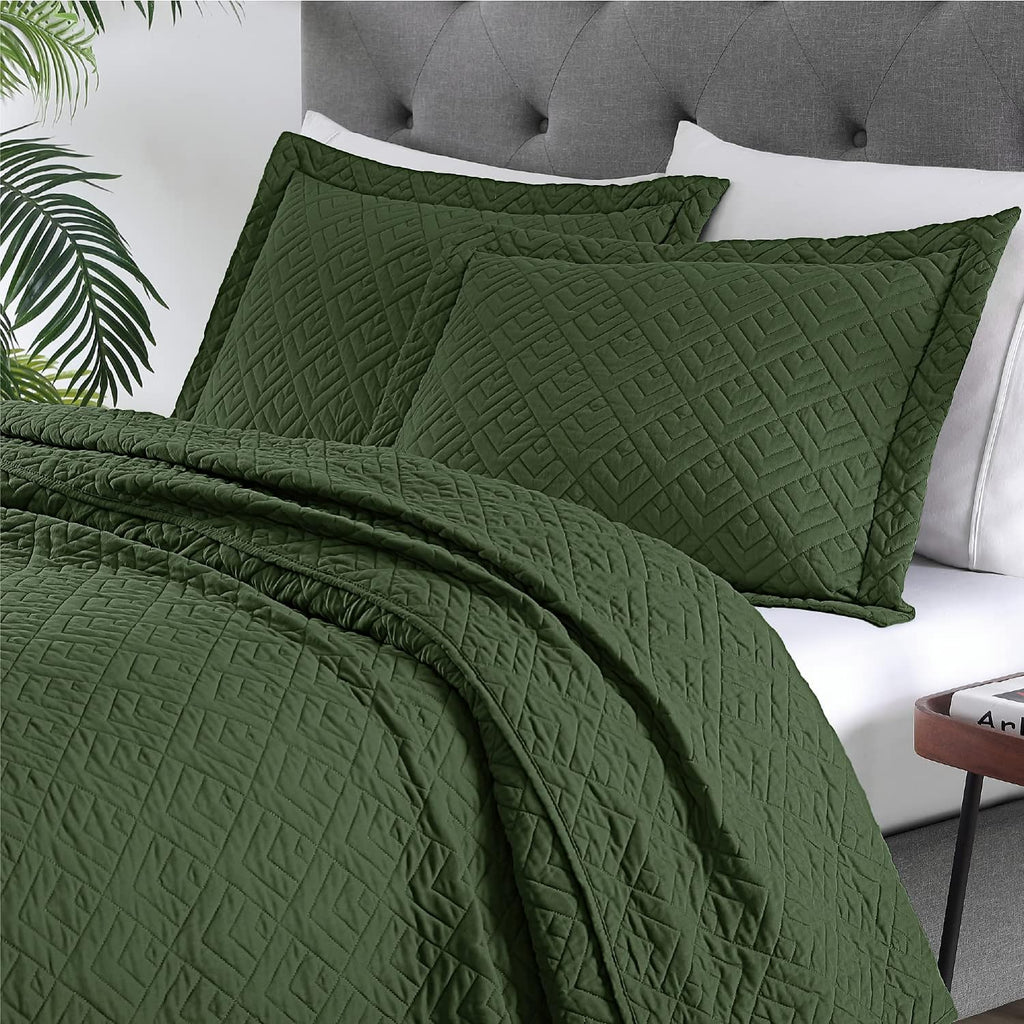 Quilt Set Full Quilts Queen Olive Green 3 Piece,Lightweight Soft Coverlet Modern Style Squares Pattern Bedspread