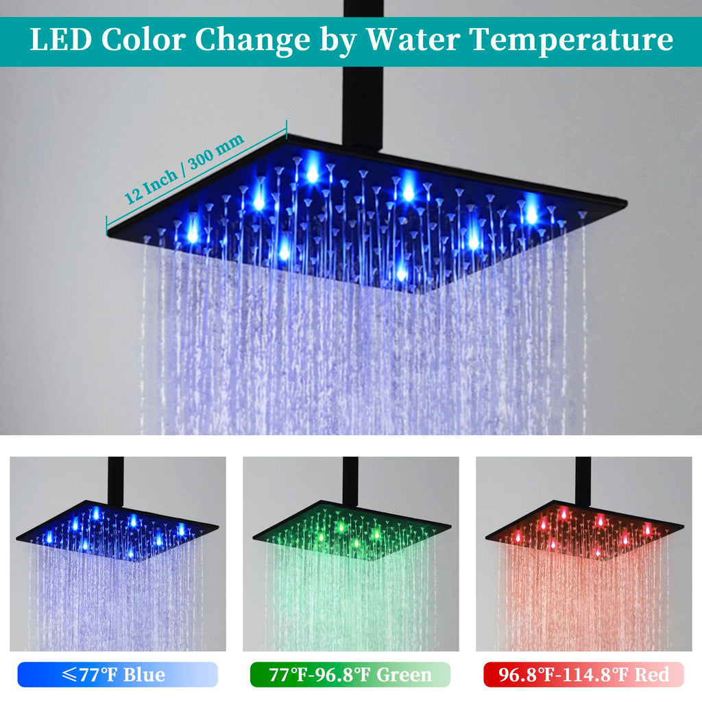 Ceiling Mount Shower System, LED 12 Inch Full Body Shower Head