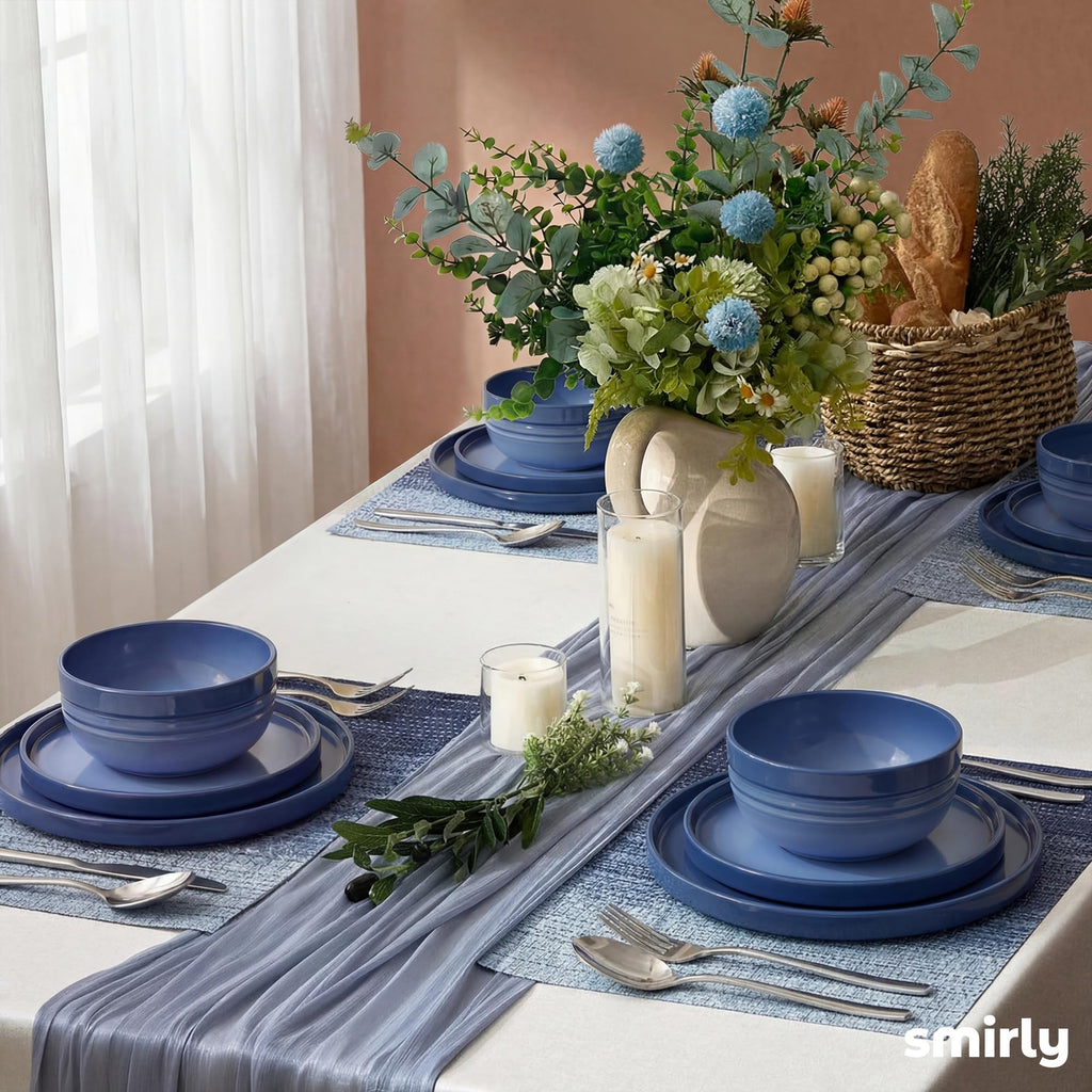 Stoneware Dinnerware Set for 4, 12 pcs Plates and Bowls Set, Blue