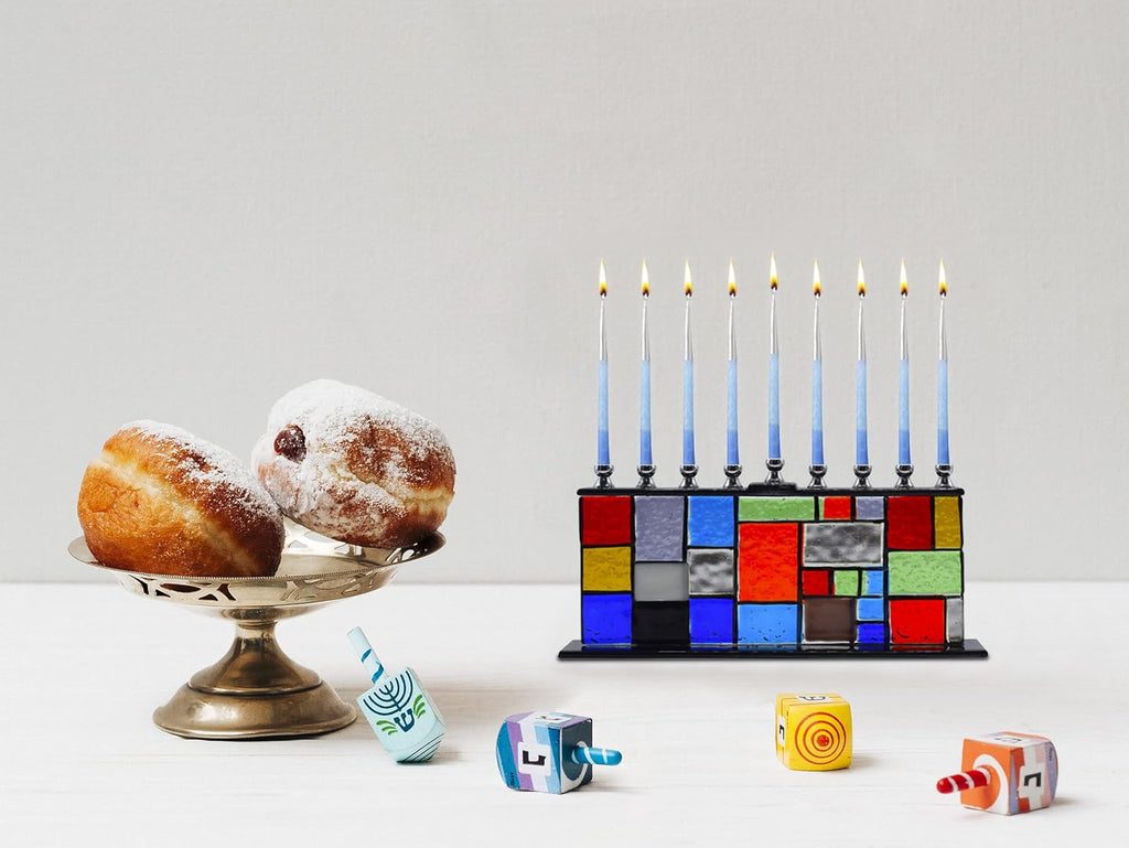 Glass Hanukkah - Wall of Unity Multicolored Chanukah - Handcrafted Painted Glass - Fits All Standard Candles