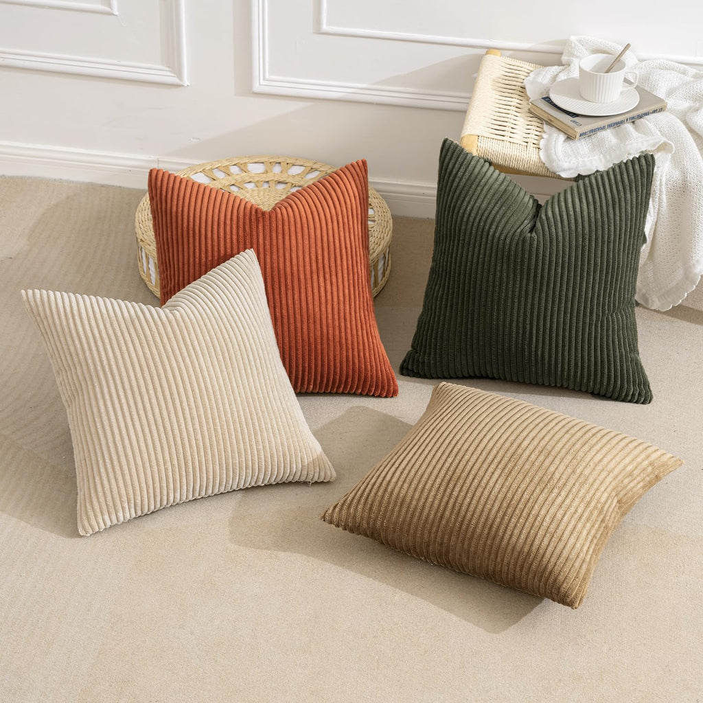 Fall Corduroy Decorative Throw Pillow Covers Rust-Olive Green 20x20