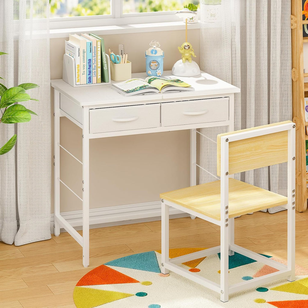Kids Desk and Chair Set for 5-10 Year Old, Children Study Table with 2 Storage Drawers, Small Student Writing Desk