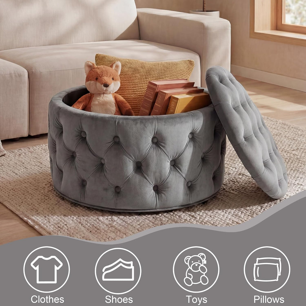 28 Inch Round Storage Ottoman, Velvet Button Tufted Ottoman, Removable Lid Coffee Table, Upholstered Hidden Storage