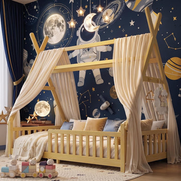 Full Tent-Shaped Bed for Kids with LED Light, Teepee Floor Bed with Guardrails, Wooden Montessori Bed Frame