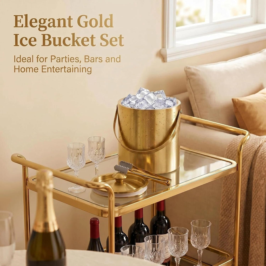 3L Gold Ice Bucket with Lid & Tong, Double Wall Wine Chiller