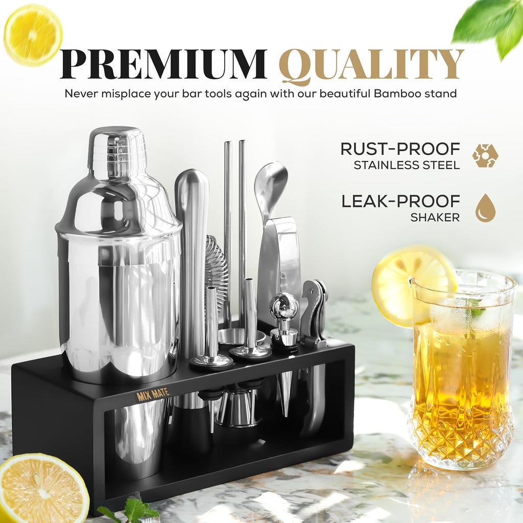 Mixology Bartender Kit with Stand - Bar Tool Set, Silver Bar Set Cocktail Shaker Set for Drink Mixing - Set of 15