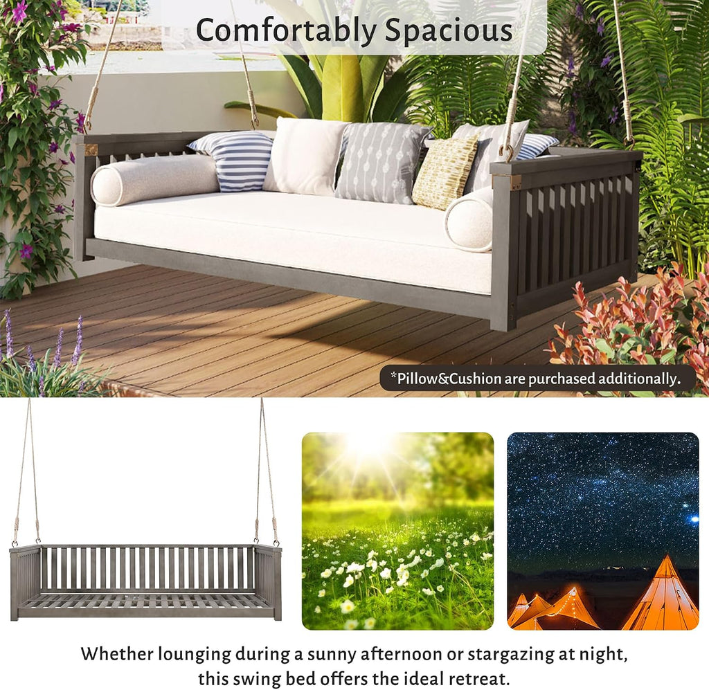 Twin Size Porch Swing Bed, Acacia Wood Hanging Daybed with Ropes for Outdoor Patio, Backyard & Garden, Heavy Duty