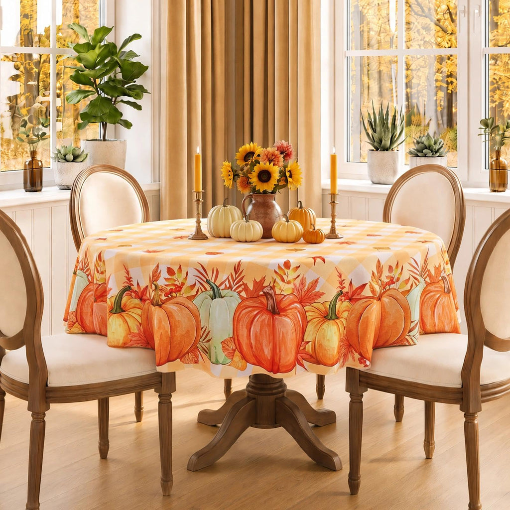 Fall Tablecloth Round, Orange Buffalo Plaid with Pumpkins