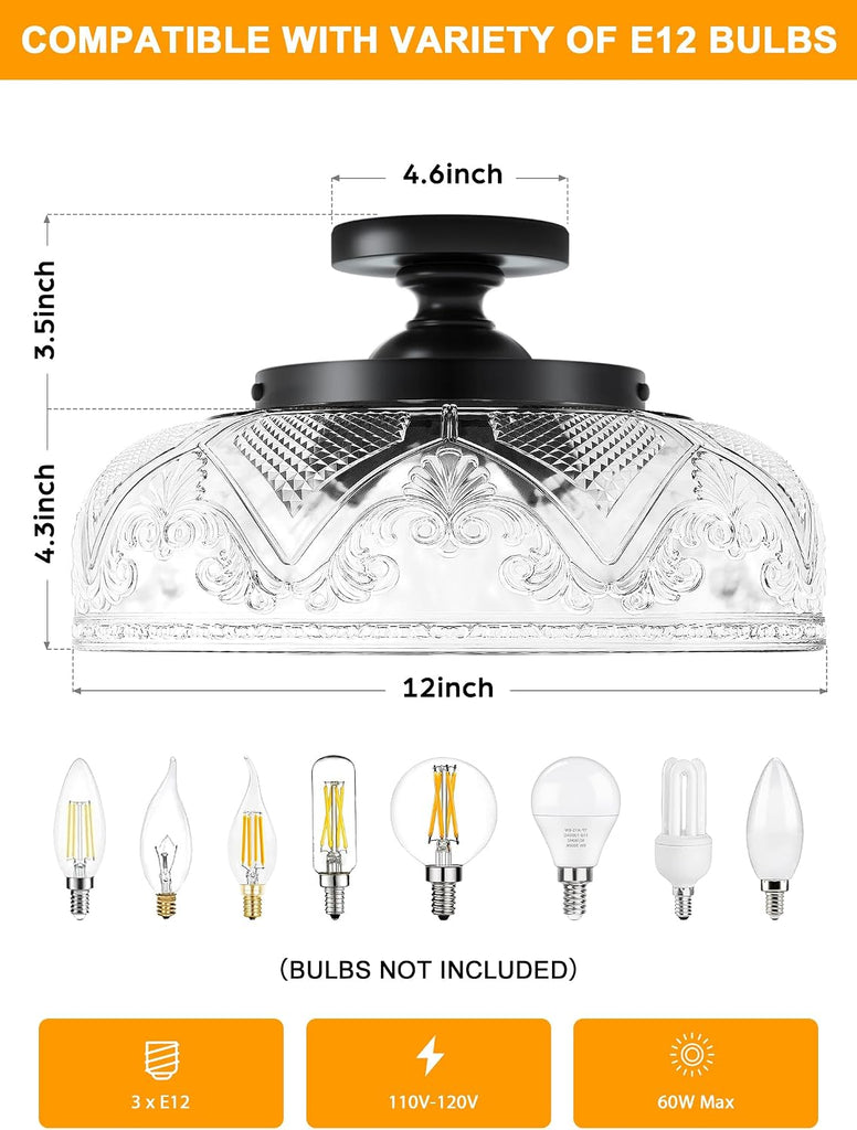 Semi Flush Mount Ceiling Light, 12 Inch Large Black Ceiling Light Fixture, 3-Light Globe Glass Industrial Kitchen