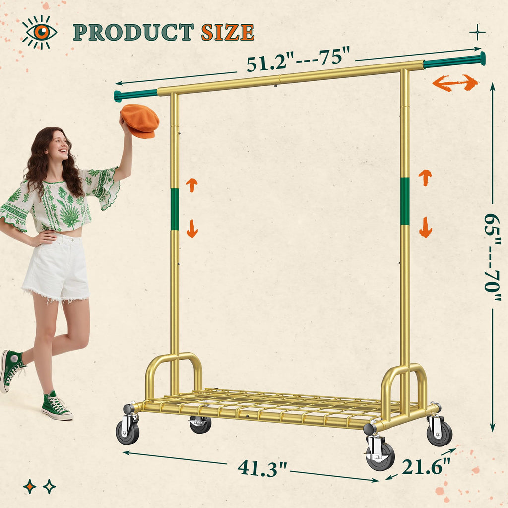 Gold Clothing Rack, 530LBS Heavy Duty, Space-Saving Storage