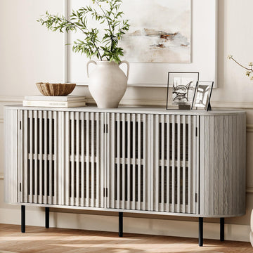 66" Fluted Sideboard Buffet Cabinet, Wood Storage Cabinet with 4 Doors, Mid Century Modern Credenza, White Washed