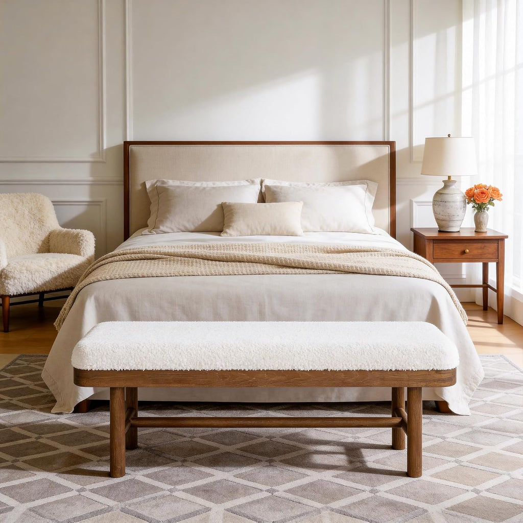 55" Upholstered Bedroom Bench, Solid Wood End of Bed Bench, Modern Indoor Bench with Cushion , White & Brown