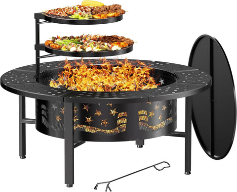 42" Outdoor Fire Pit with 2 Grills - Wood Burning Firepit for Outside with Cover & Poker