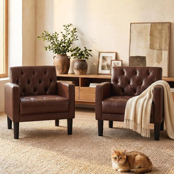 Leather Accent Chairs, Tufted Armchairs - Set of 2