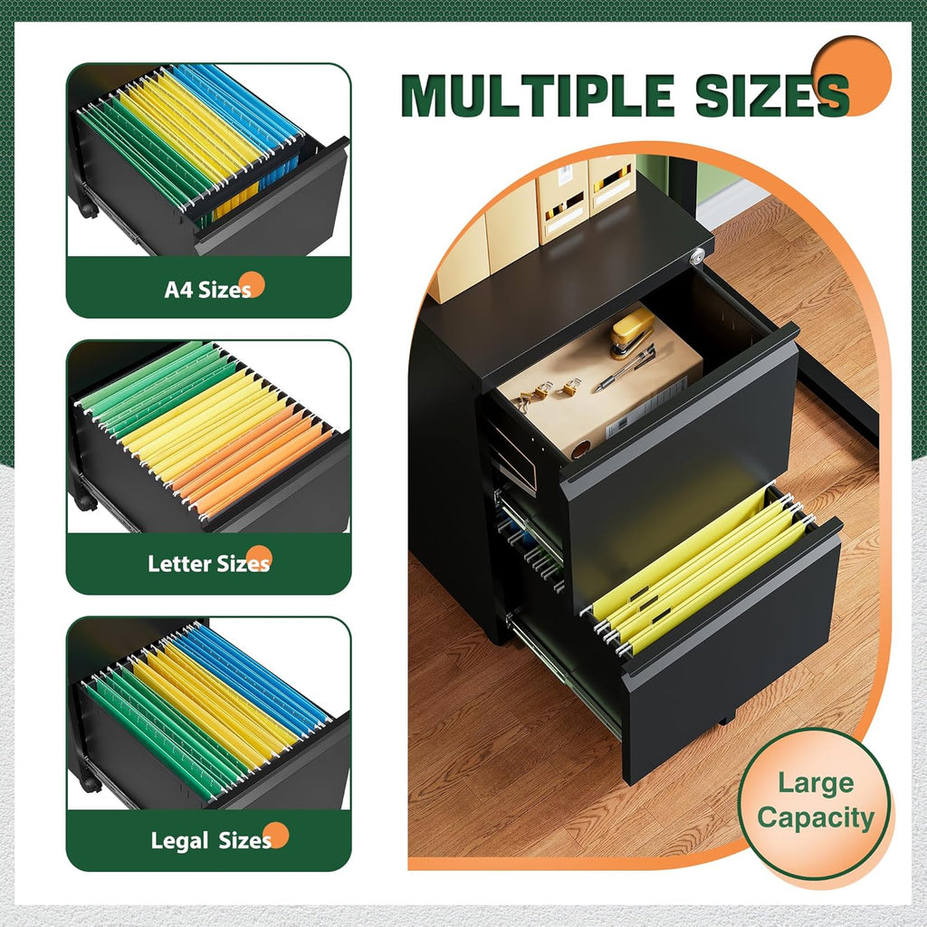 Mobile File Cabinet with Lock,2 Drawer Under Desk Metal Rolling Filing Cabinets Organizer Letters/Legal/A4(Fully