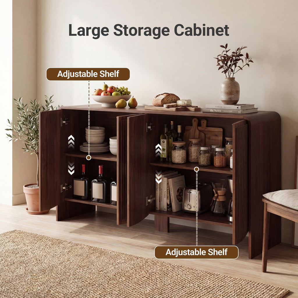 Fluted Sideboard Buffet Cabinet with Storage, 58" Modern Sideboard Cabinet with Curved Design & Adjustable