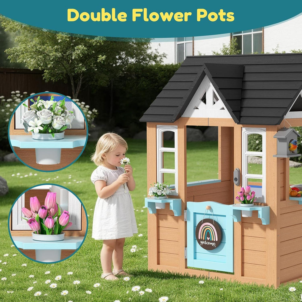 Wooden Outdoor Playhouse for Kids with Pretend Play Ages 3-8 | For Kids, Create Backyard Pretend Play with Kitchen