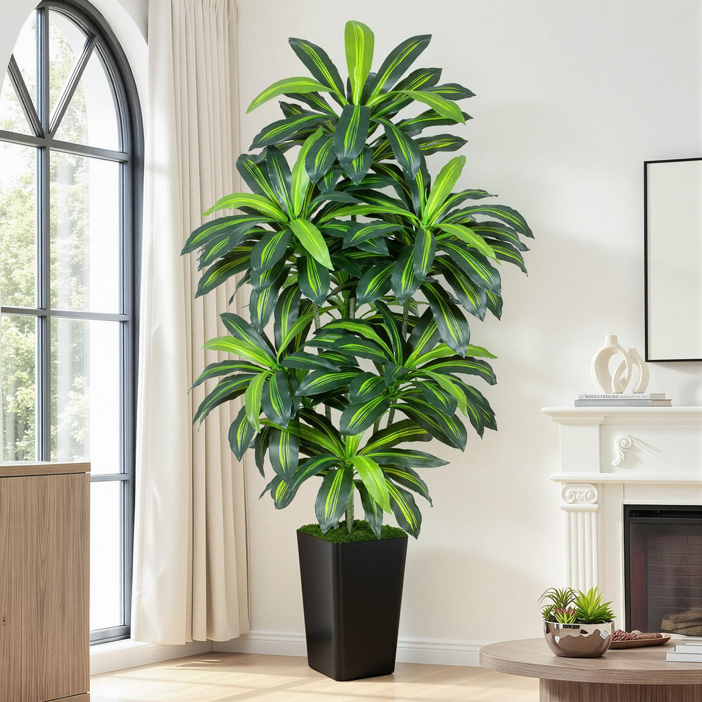 7FT Artificial Dracaena Tree - High-Density Foliage Fake Plant with Black Tall Planter - Faux Yucca Floor Plant Decor