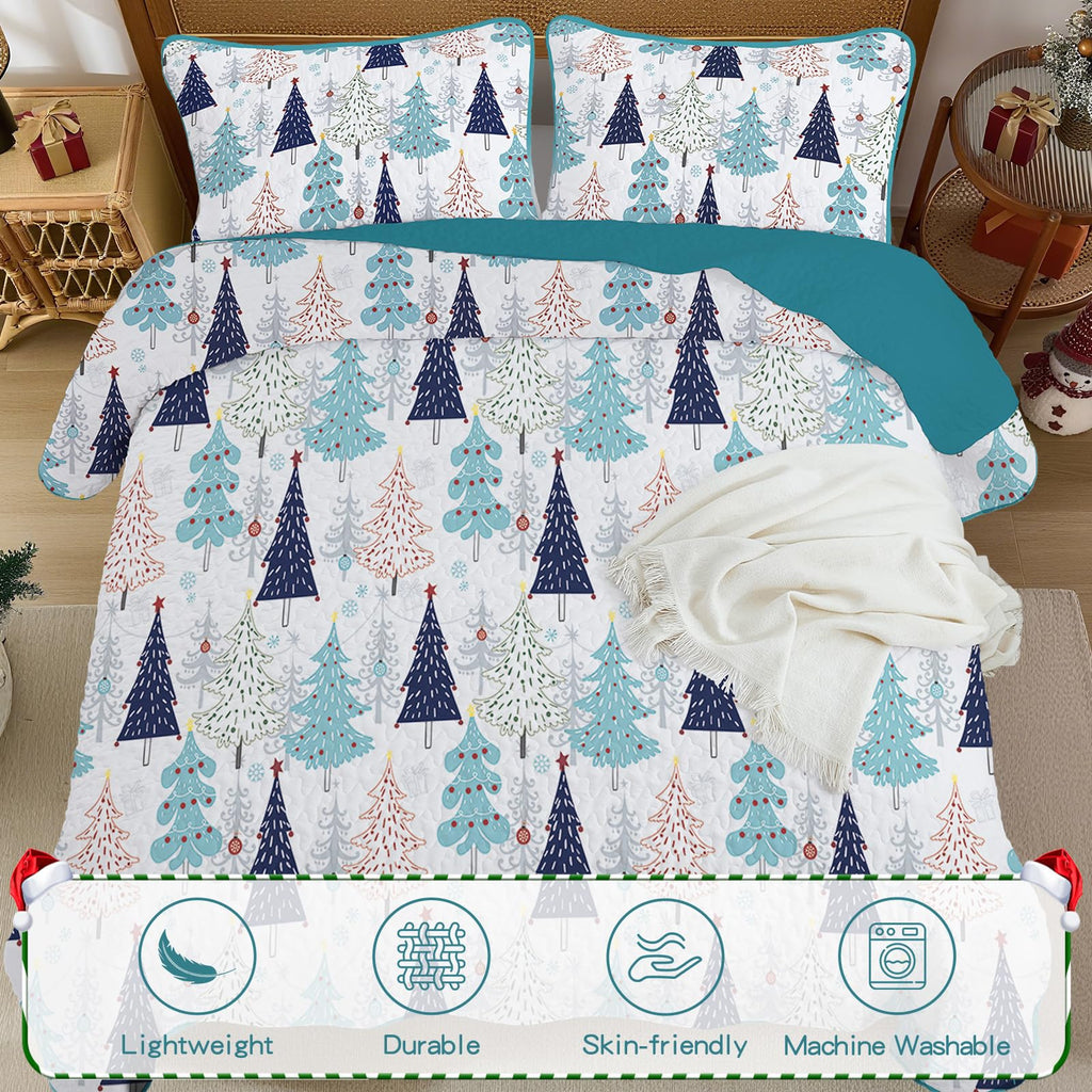 Queen Christmas Quilt Set, Blue Xmas Tree Quilt