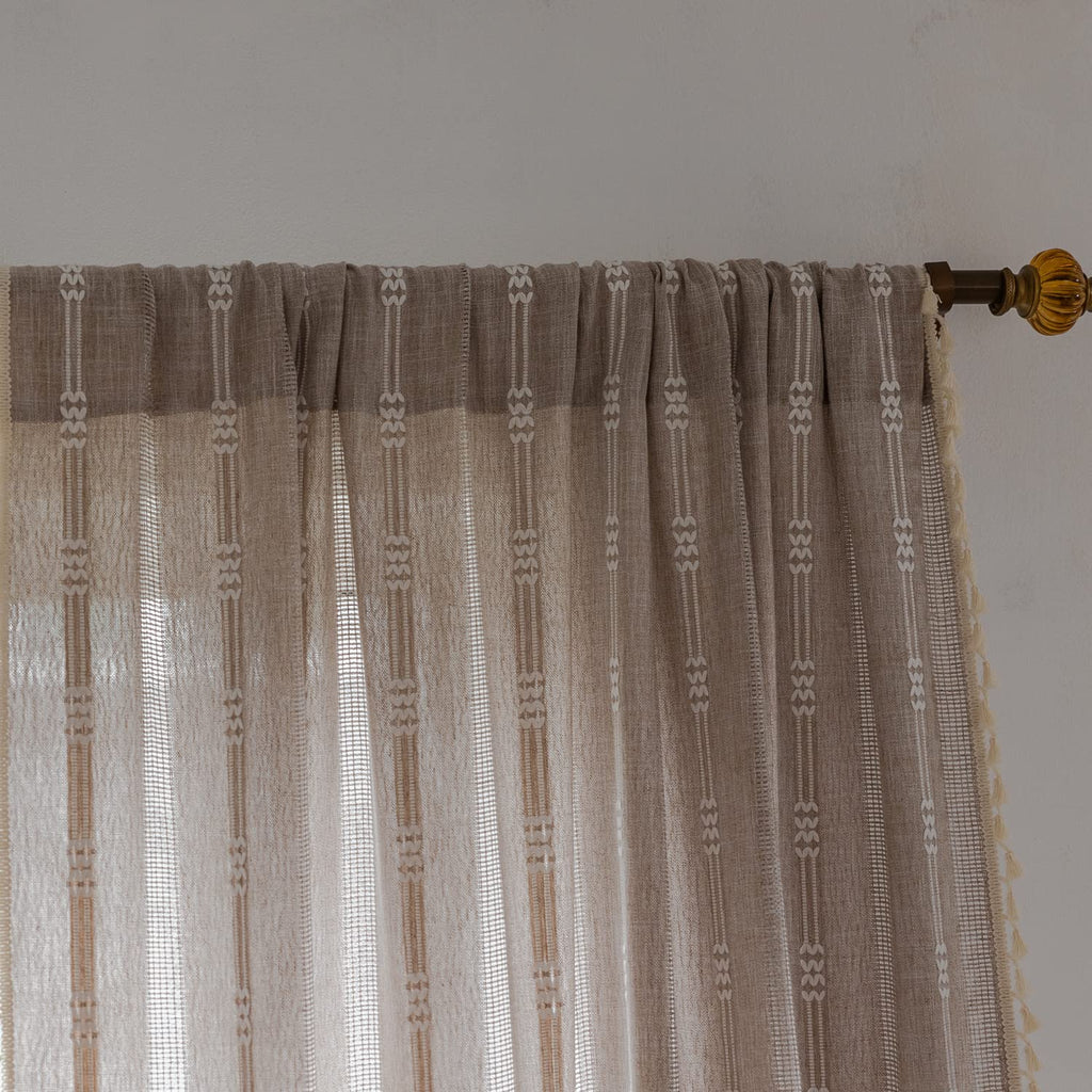 Linen Curtains 63 Inch Length 2 Panels Embroidery Khaki Boho Curtains Rustic Farmhouse Tassel Light Filtering Window
