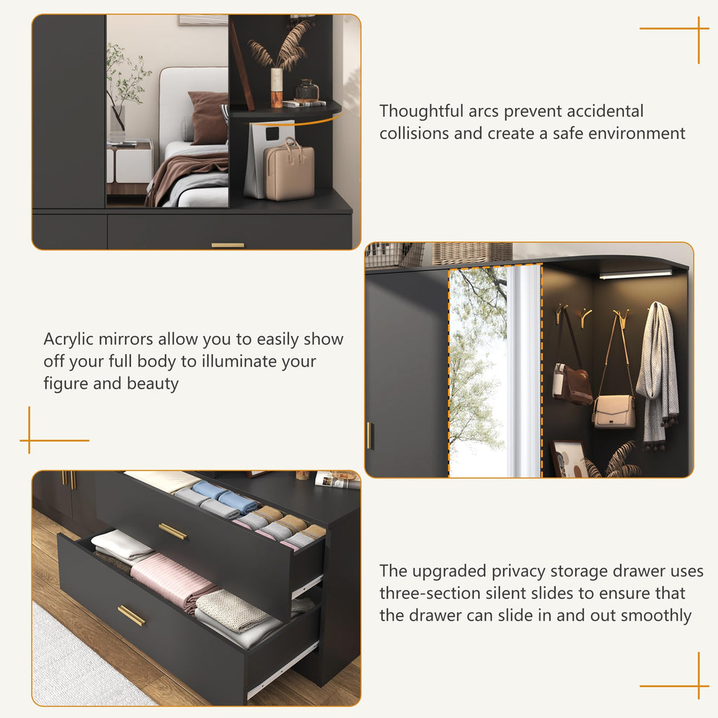 Armoire Wardrobe Closet with Mirror & Sensor Light, Bedroom Armoire with 5 Doors & 2 Drawers, Modern Wooden Large