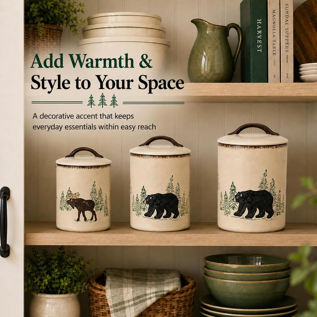 Stoneware Rustic Retreat Canister Set | Farmhouse Rustic Countertop Storage | Airtight Seal | Kitchen Counter - Set of 3