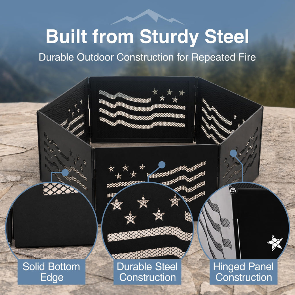 36" x 12" Zion Portable Folding Fire Ring, Steel Mesh Foldable Fire Ring, Stars and Stripes, Black
