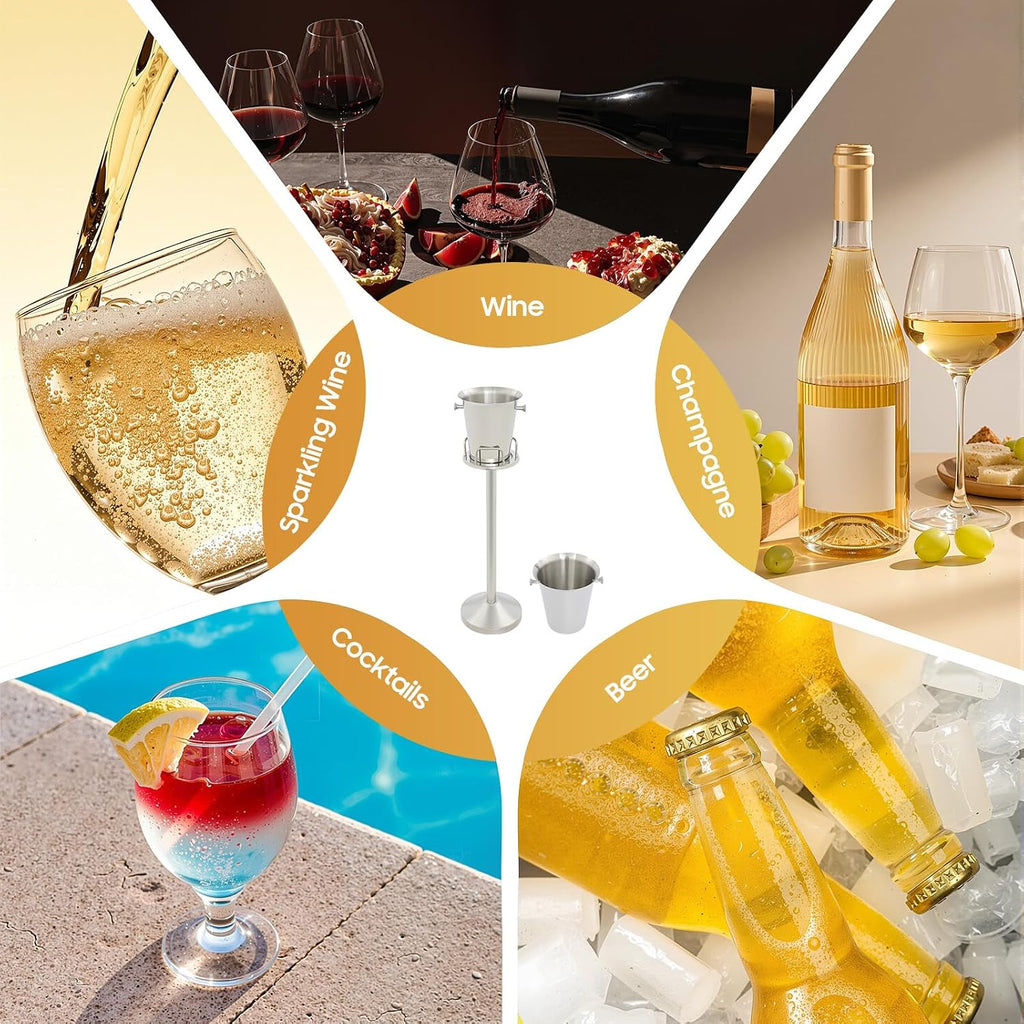 Champagne Ice Bucket with Stand, Stainless Steel Wine Chiller on Rack for Party Bar Club Wedding, 5L Capacity, Silver