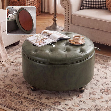 29" Large Round Storage Ottoman with Tray , Green | Ottoman with Tray & Wheels, Round Coffee Table, Footrest Stool
