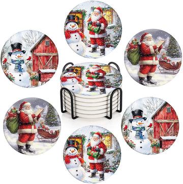 Christmas Coasters for Drinks, Set of 6 Ceramic Stone Santa Claus