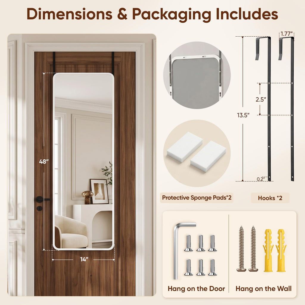 Full Length Mirror Over the Door&Wall Mounted, 48"x14" Door Mirror with Aluminum Alloy Frame, HD Shatterproof