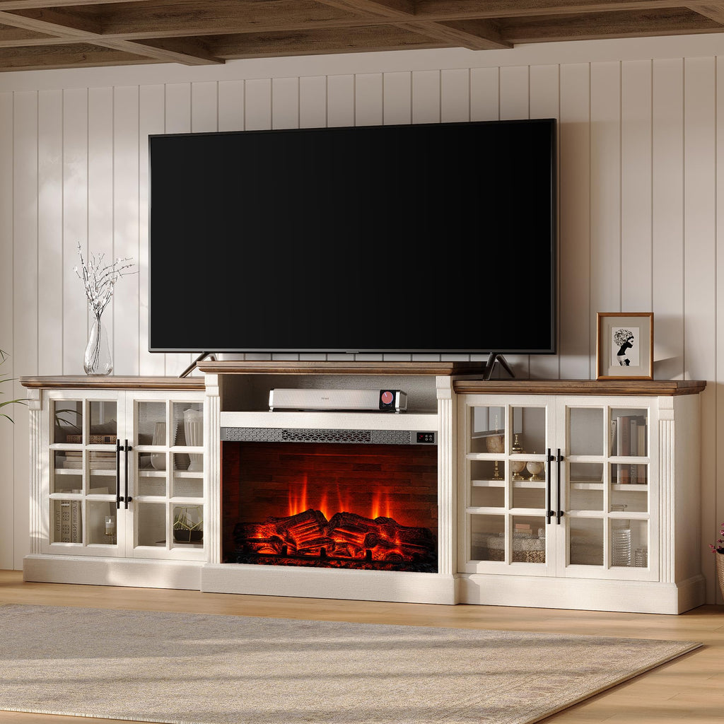97" Farmhouse TV Stand with 33" Fireplace, White Barnwood