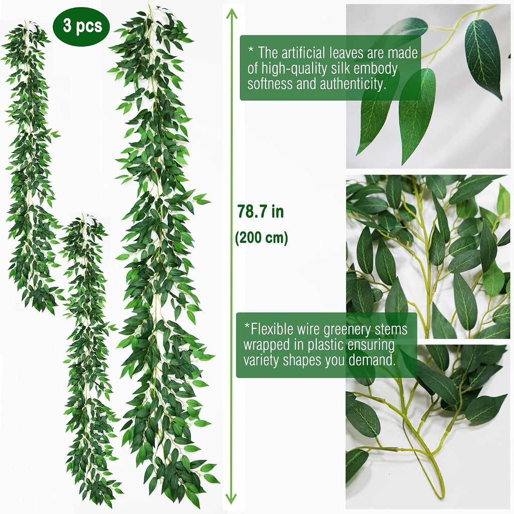 Strands Artificial Italian Ruscus Vines 78" Silk Italian Ruscus Greenery Garland with Green Leaves Faux Greenery - Set of 3