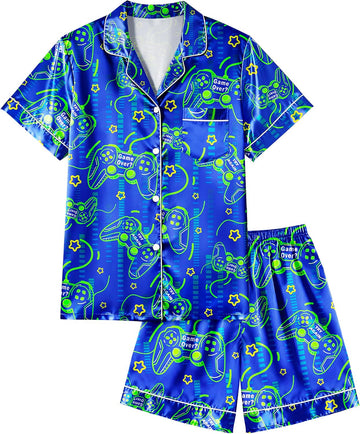 Boys Pajamas Big Boys Satin PJS Set Summer Short Sleeve Button Down Kids Silky Pajama Lounge Sleepwear