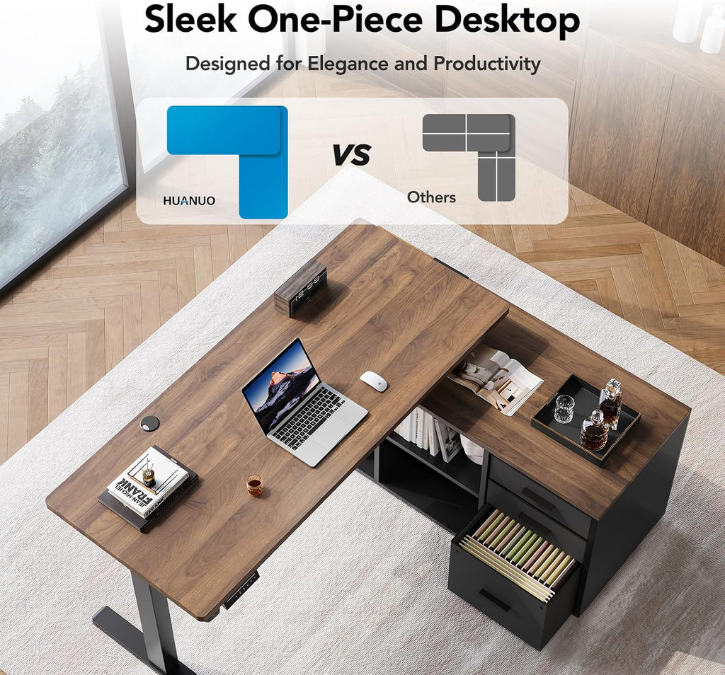 55′′ L Shaped Standing Desk with Drawers, Height Adjustable,Walnut | Electric Executive Desk with File Cabinet Sets