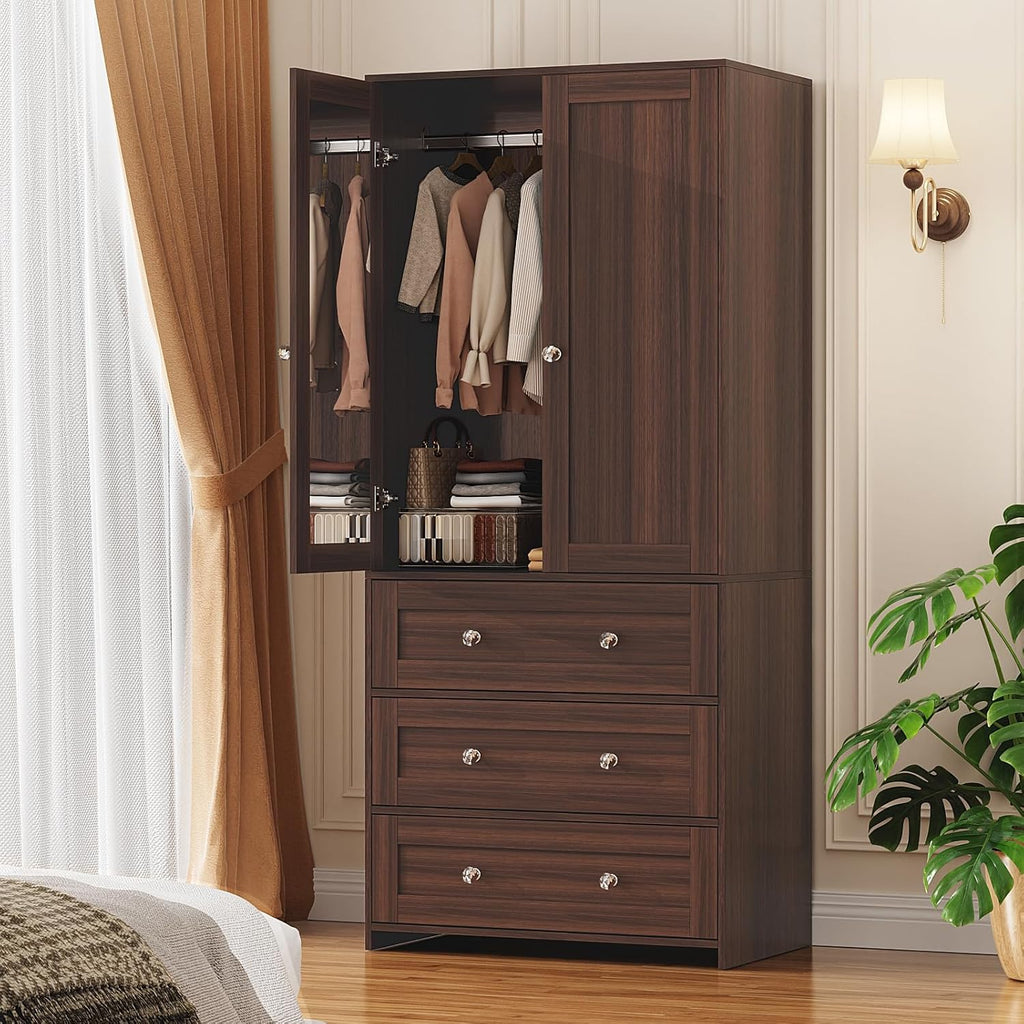 71" Tall Armoire Wardrobe Closet with Drawers and Mirror | Clothing Storage Cabinet with Hanging Rod, 2 Doors Wooden