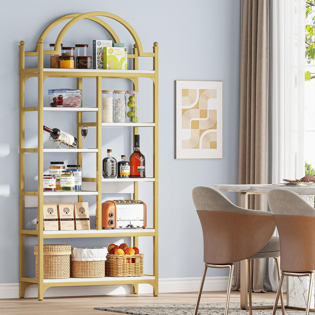 8-Tier Gold Arched Bookshelf, White, Set of 2