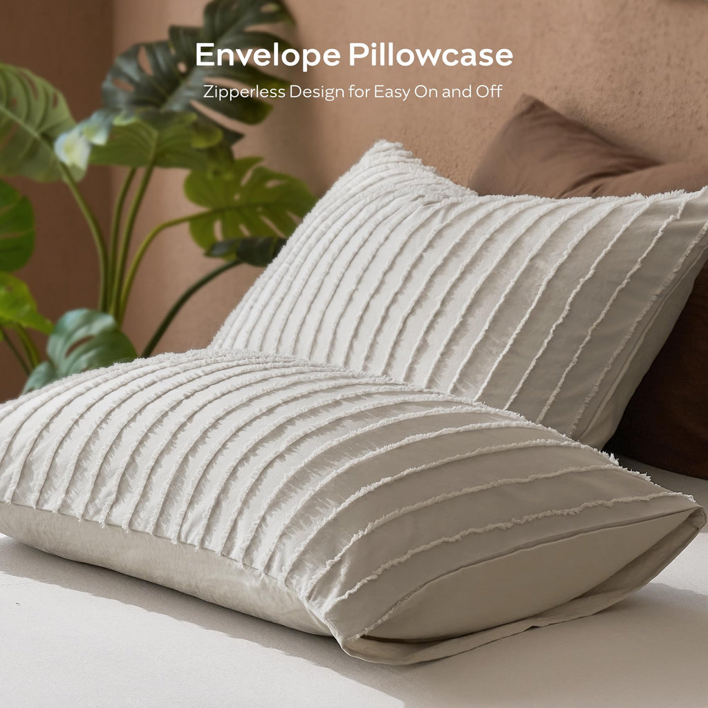 Oatmeal Striped Tufted Duvet Cover Set