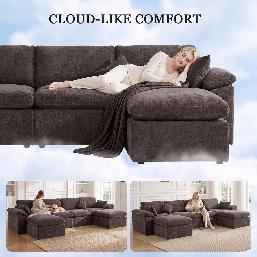 Boneless Sectional Cloud Couch, 33.5" Square Ottoman for Couch, Brown