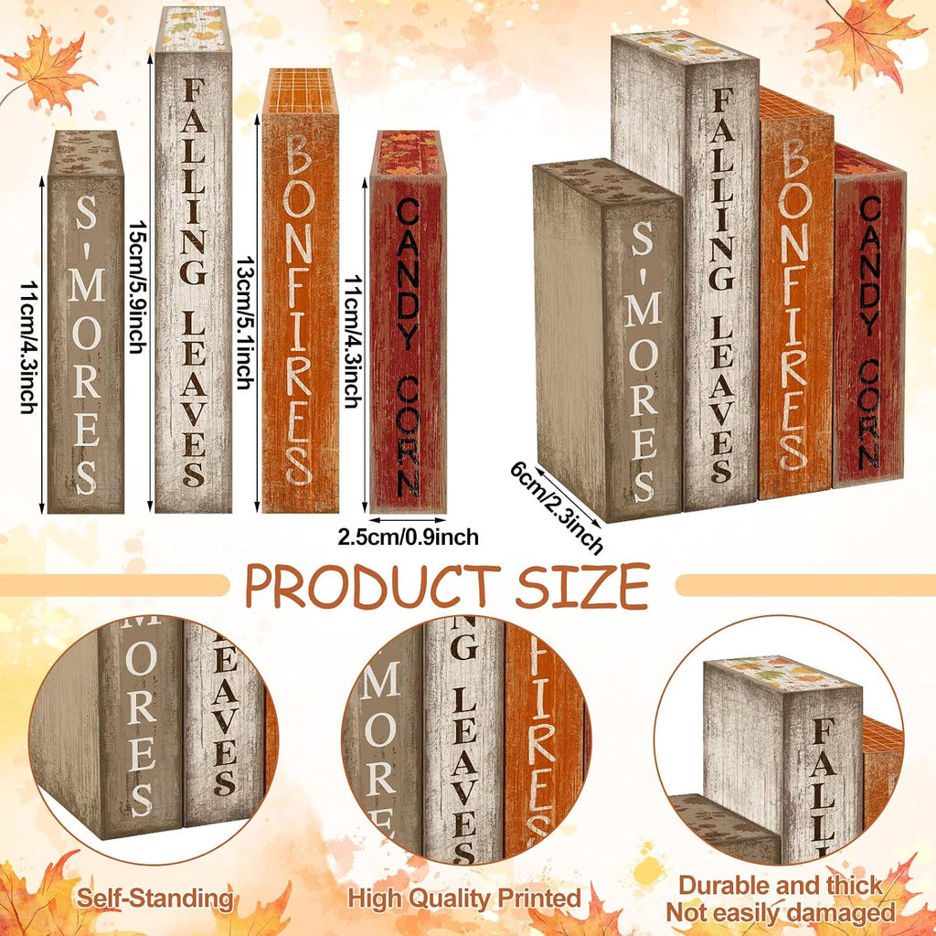 Fall Table Decoration Wooden Book Sign,Maple Leaves - Set of 4